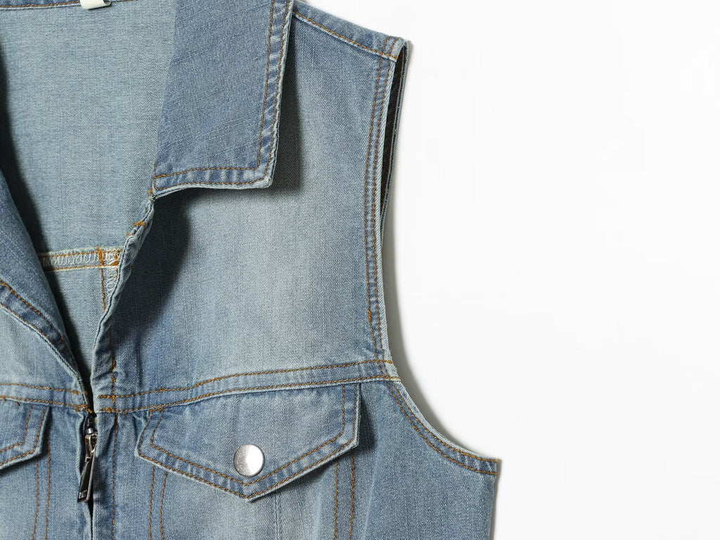 Women's sleeveless lapel denim dress