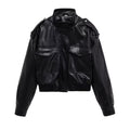 Women's short standing collar Faux Leather jacket Coat