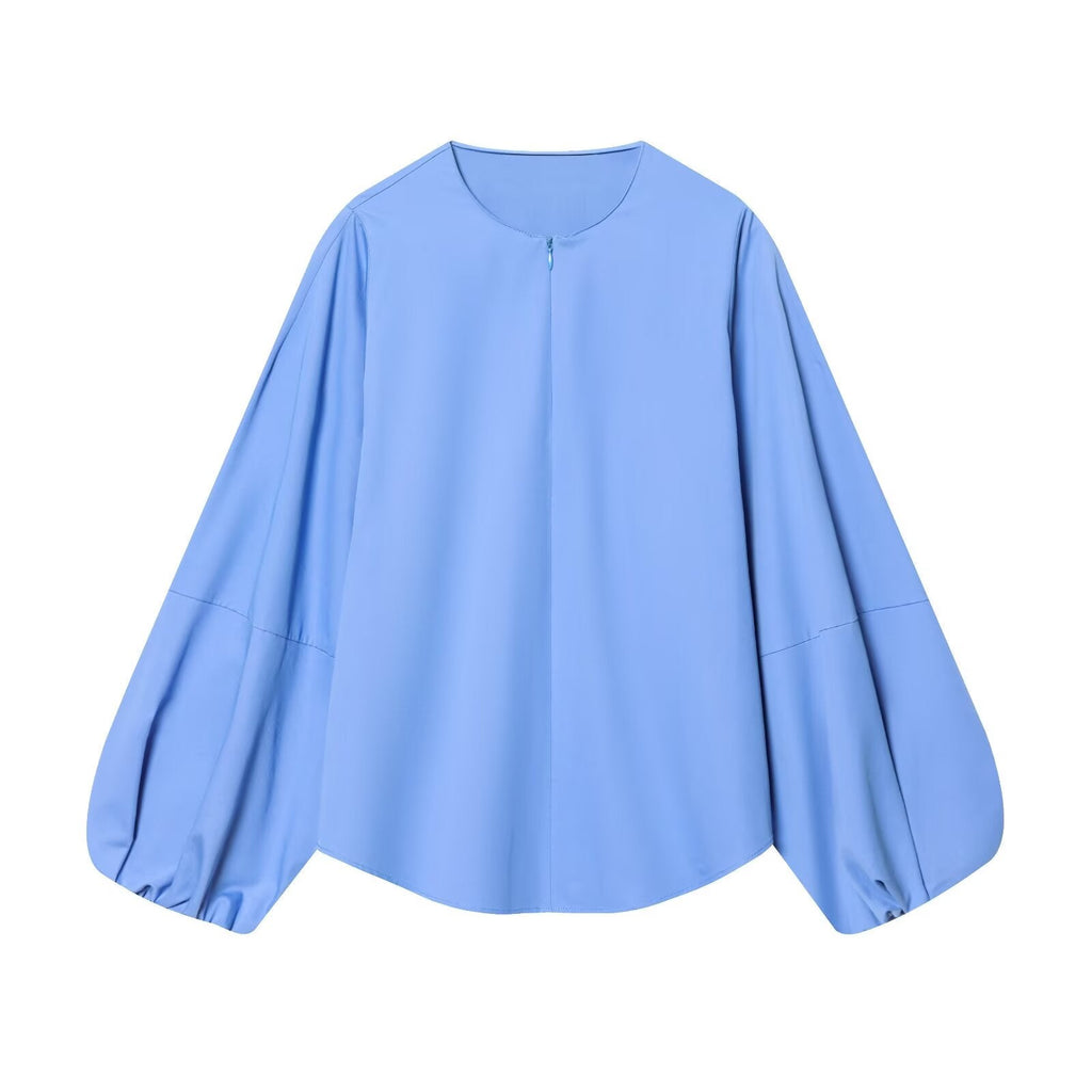 Women's O Neck zipper balloon sleeve poplin shirt