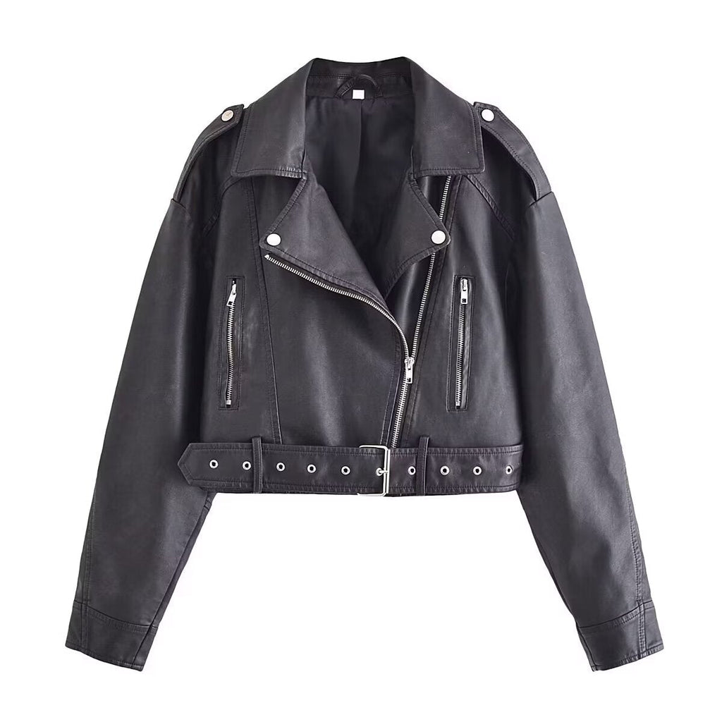 Women's with Belt short Faux Leather jacket Coat