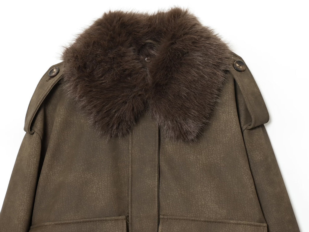Women's new fashion detachable fur collar warm anti suede effect jacket