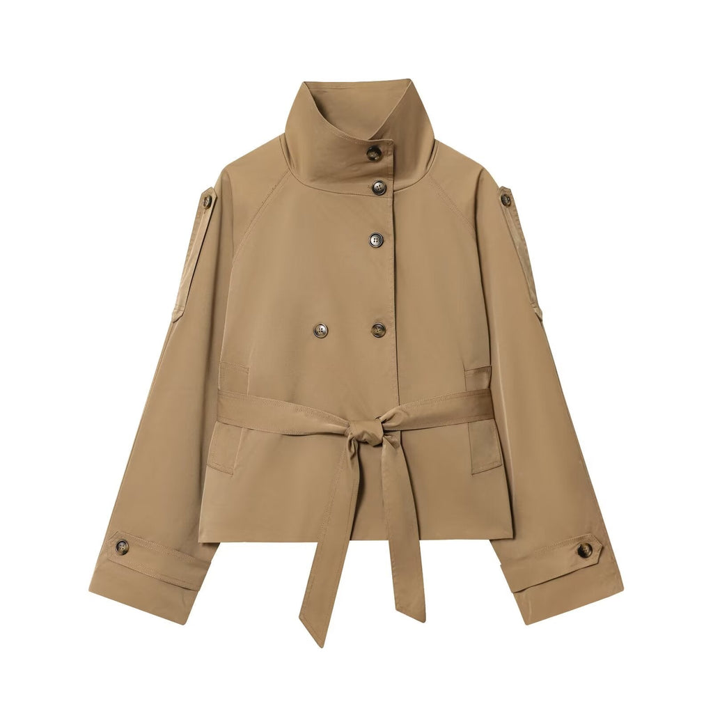 Women's New Fashion With Belt Short Double breasted Windbreaker Coat