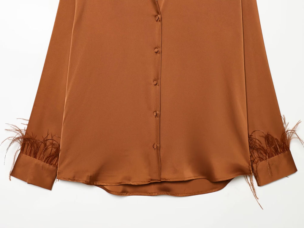 Women's feather decorated lapel satin textured shirt