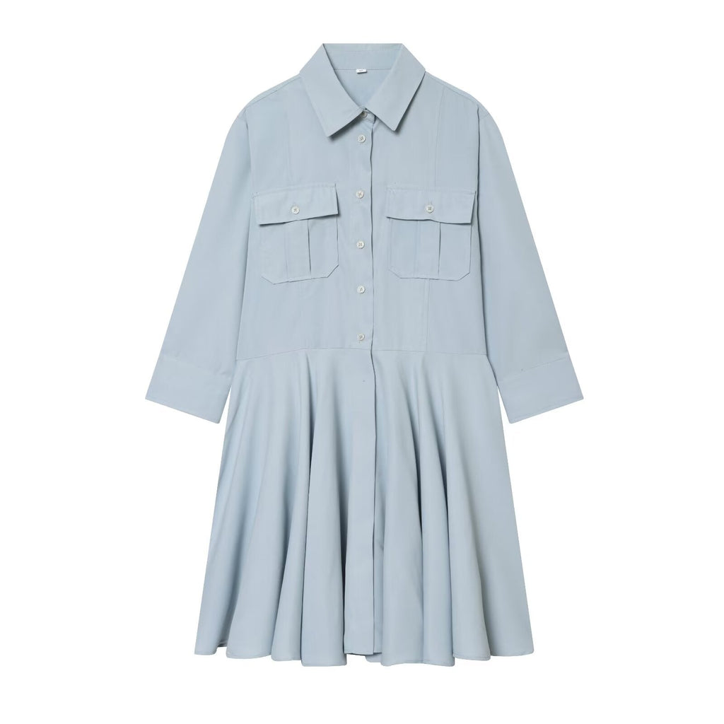 Women's long sleeved pleated shirt style dress