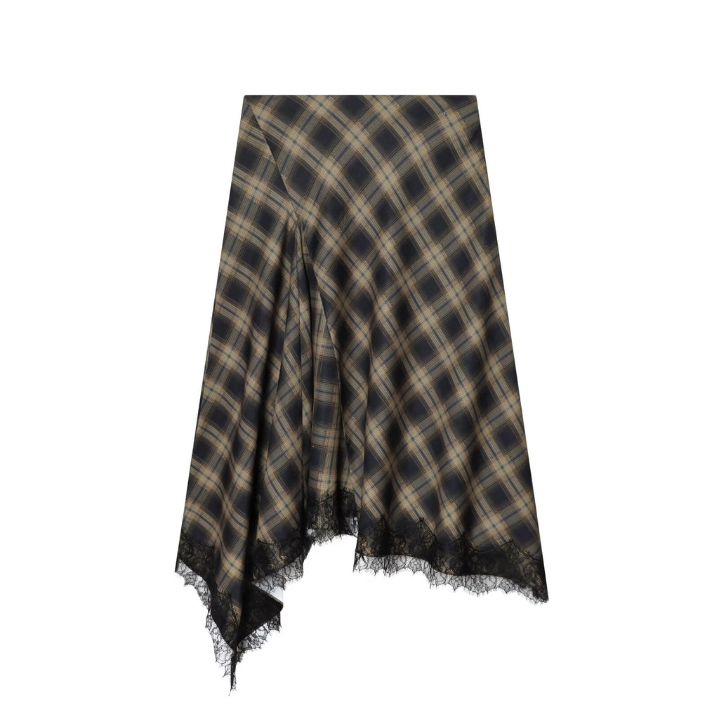 Women's lace hem casual plaid MIDI skirt