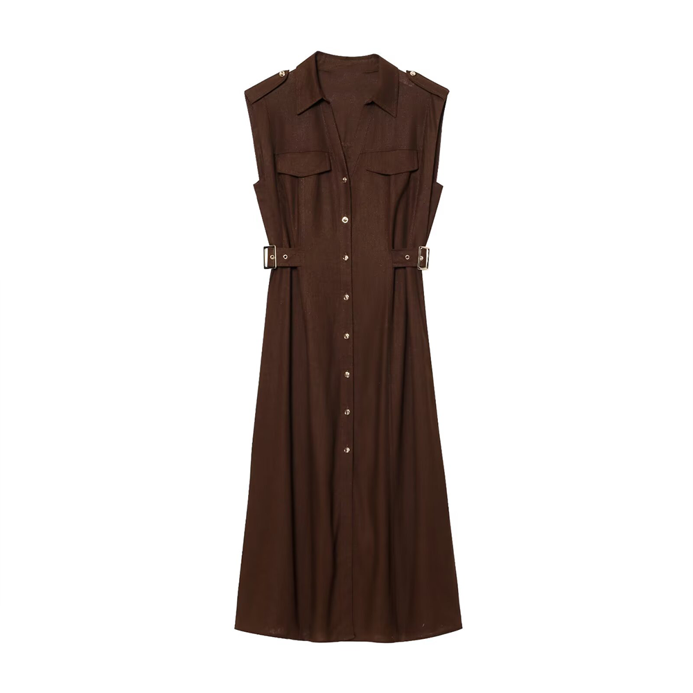 Women's shirt style linen blended MIDI dress