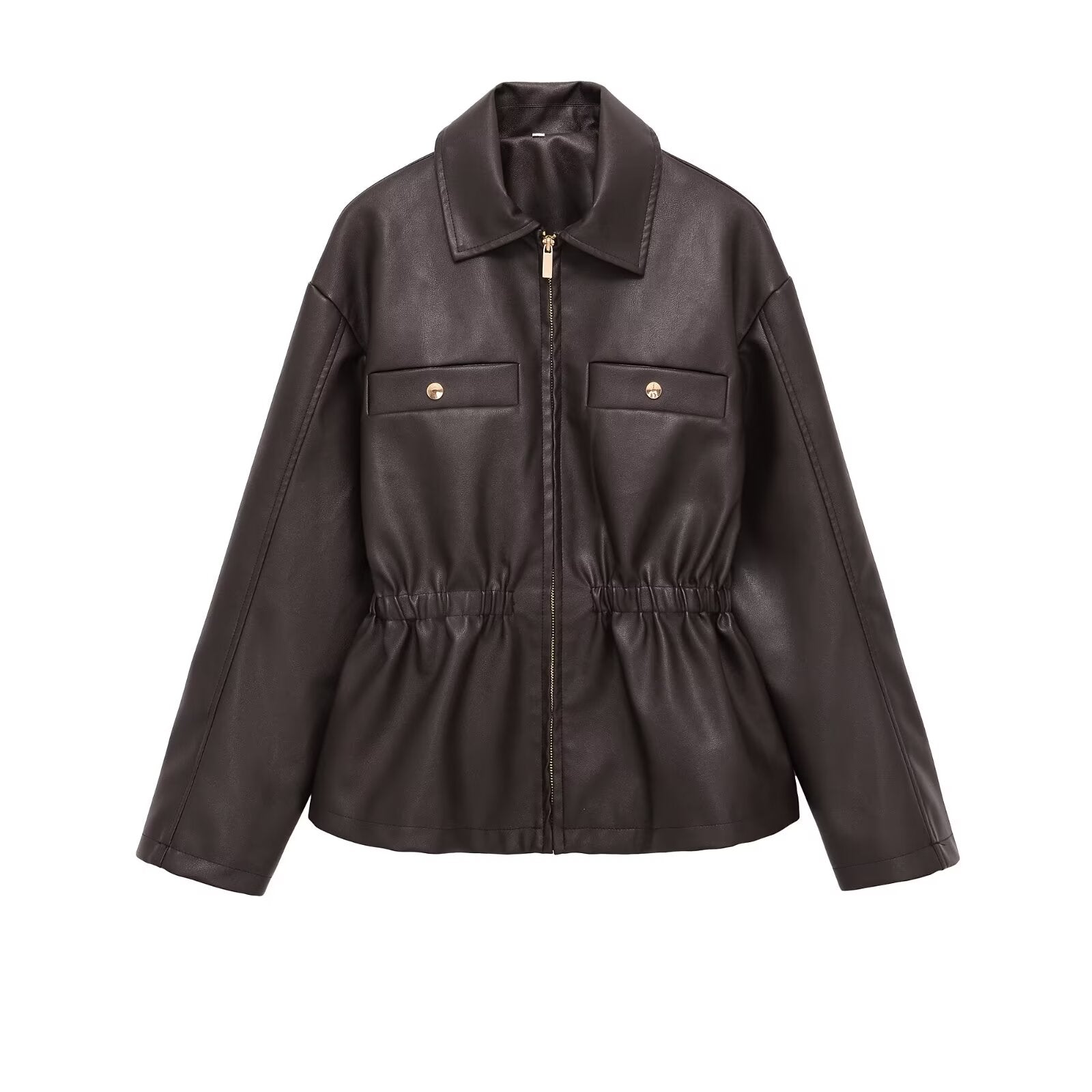 Women's elastic waist lapel Faux Leather jacket Coat