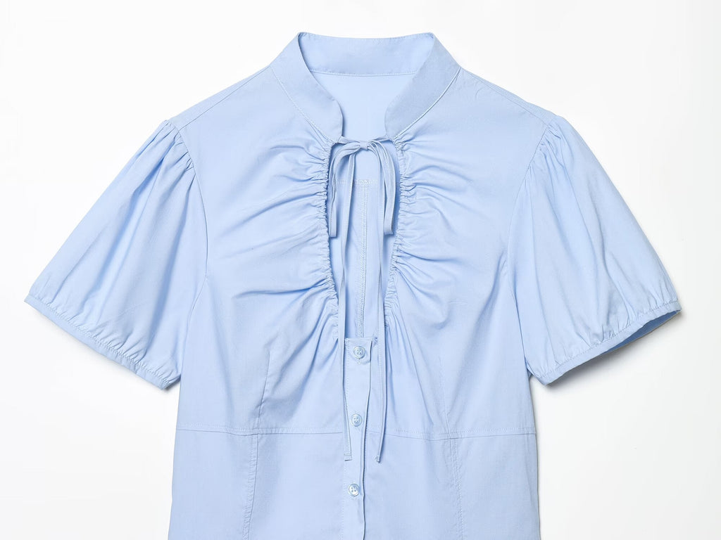 Women's bow decoration pleated poplin top