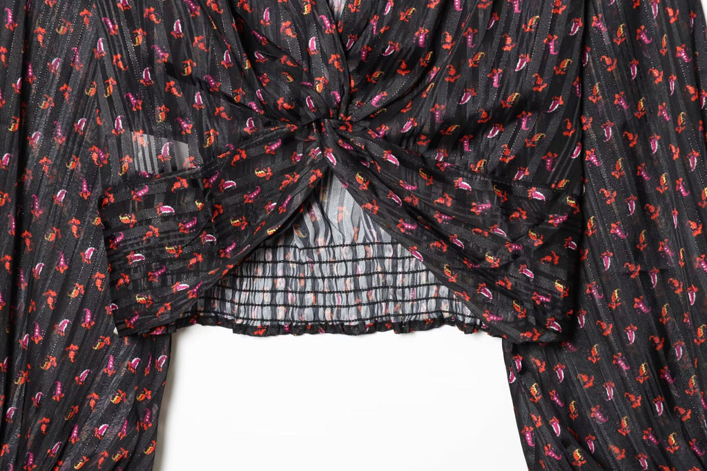 Women's knot decoration V-neck printed top