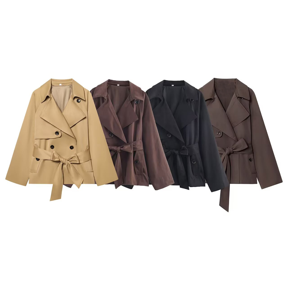 Women's New Fashion With Belt Short Double breasted Windbreaker Coat