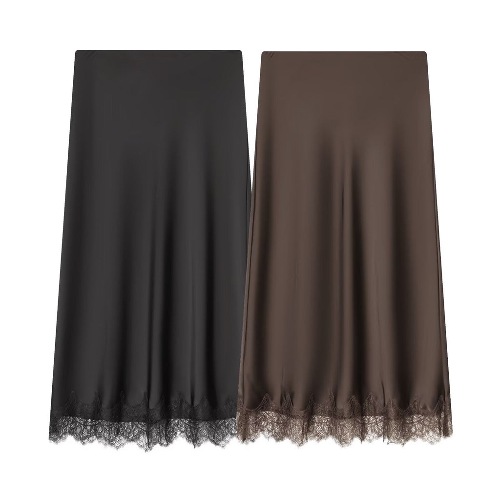 Women's lace hem satin texture MIDI skirt