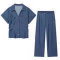 suit Women's 2 pieces short sleeved waist cinched pleated shirt+Jeans