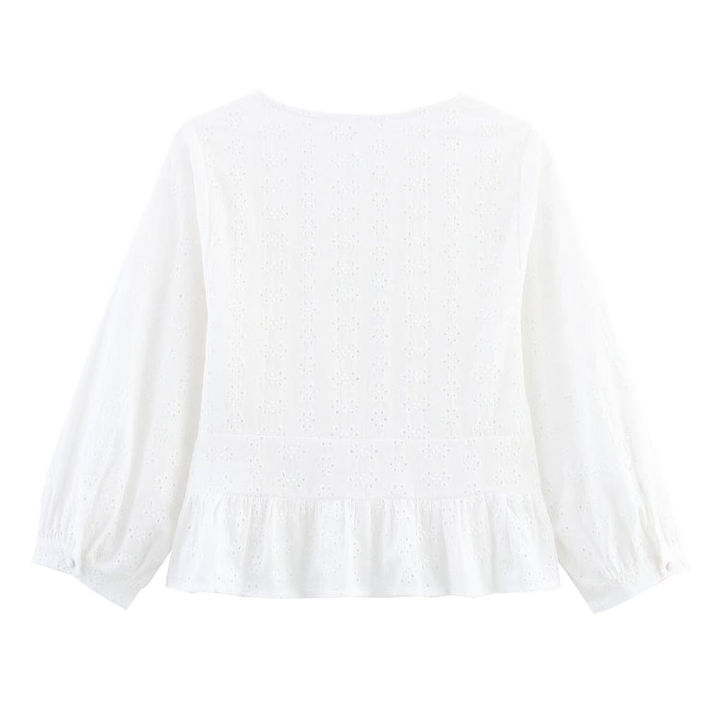 Women's hollowed out embroidered V-neck shirt