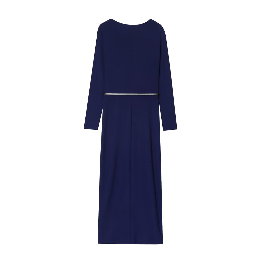 Women's New Fashion With Belt Long Sleeve Pleated Midi dress