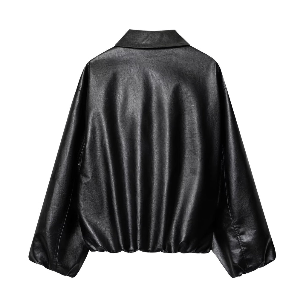 Women's new fashion loose zipper faux leather flight jacket Coat