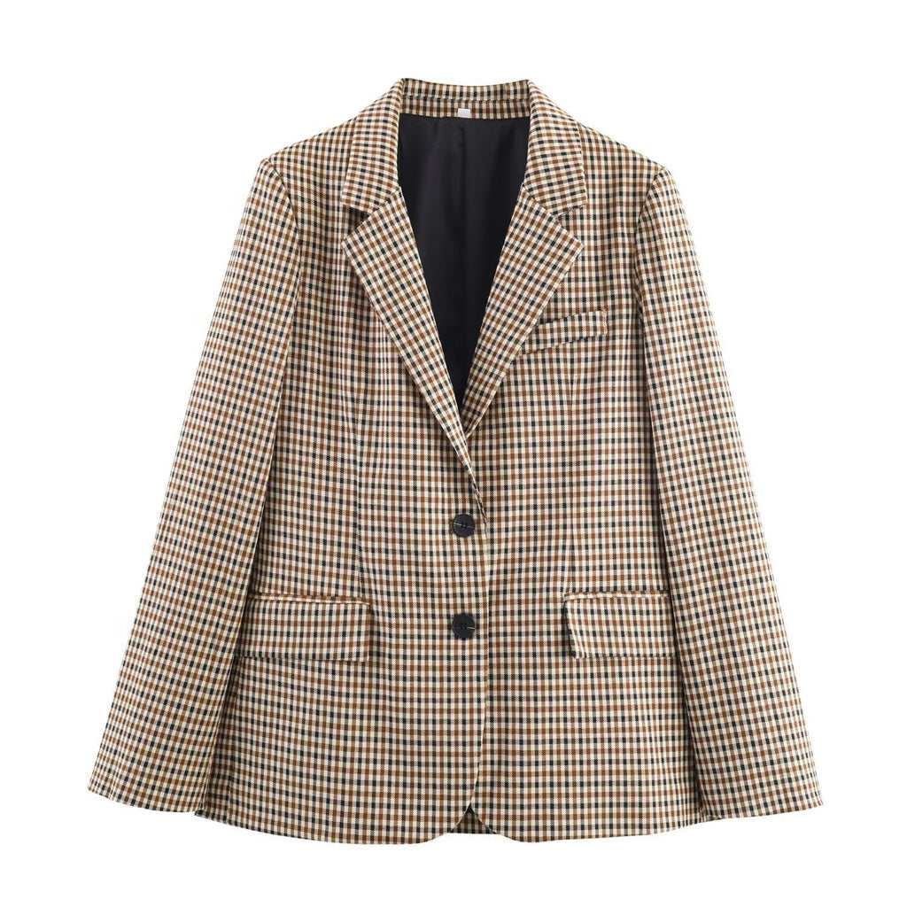 Women's new fashion loose single breasted checkered suit jacket+Pants suit