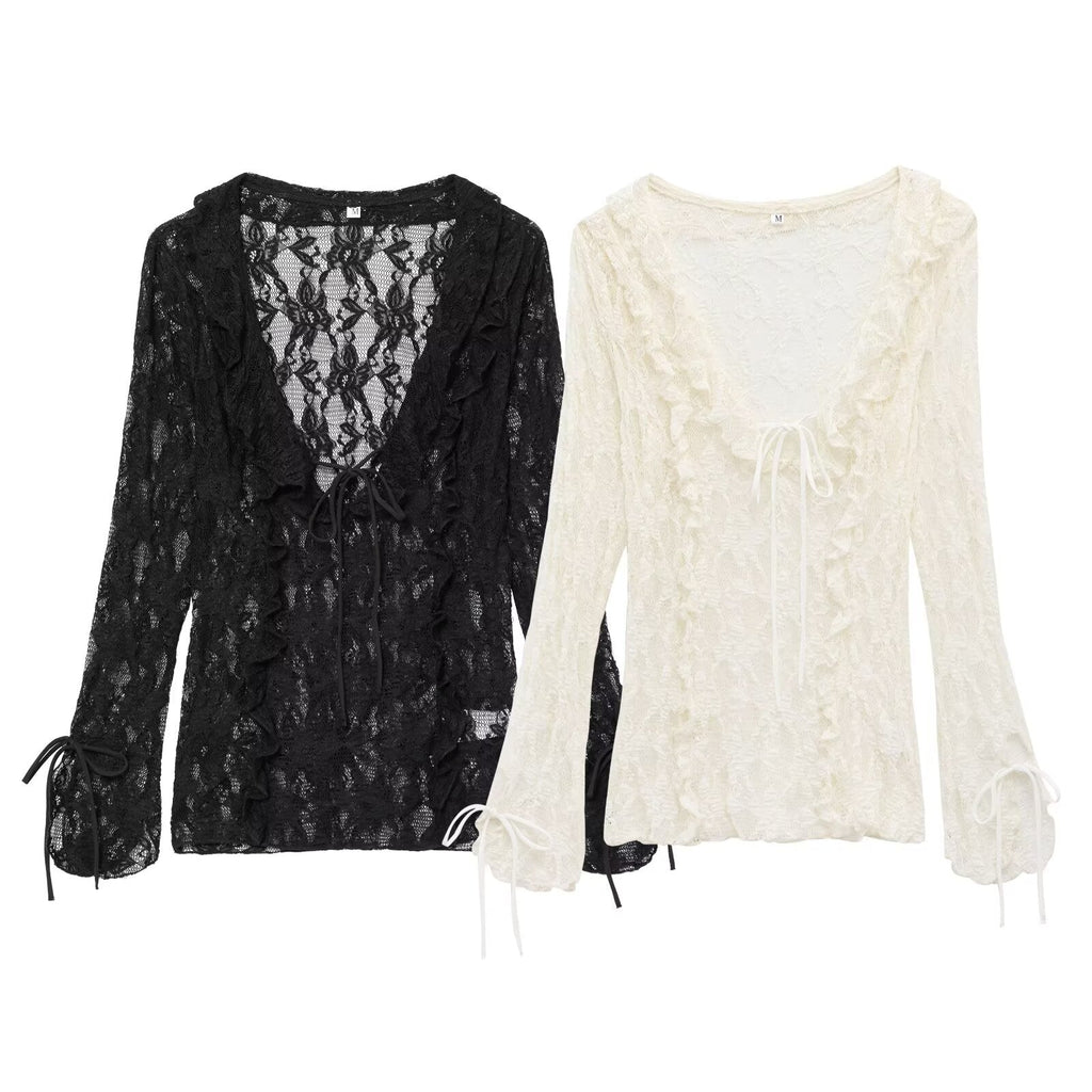 Women's new fashion layered decoration slim Lace up V-neck lace top