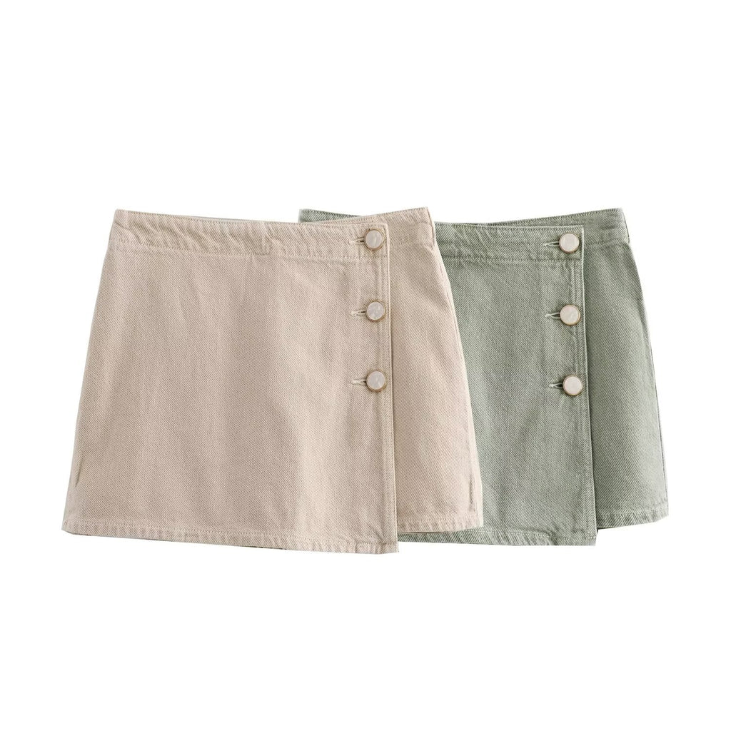 Ladies' new fashion asymmetrical design slim single breasted denim shorts Skirts