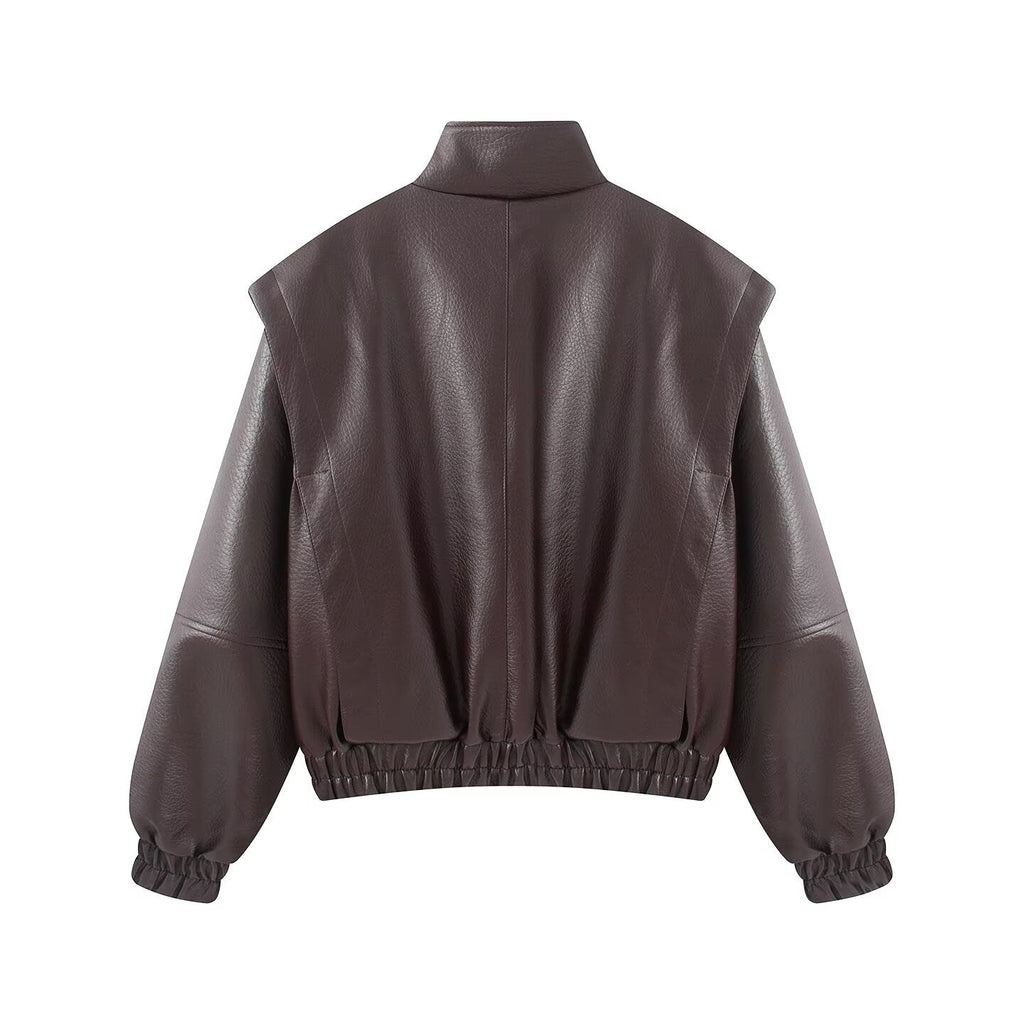 Women's stand collar fake two-piece Faux Leather jacket