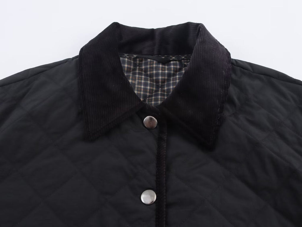 Women's New Fashion Corduroy Short Quilted Nylon Lapel Coat