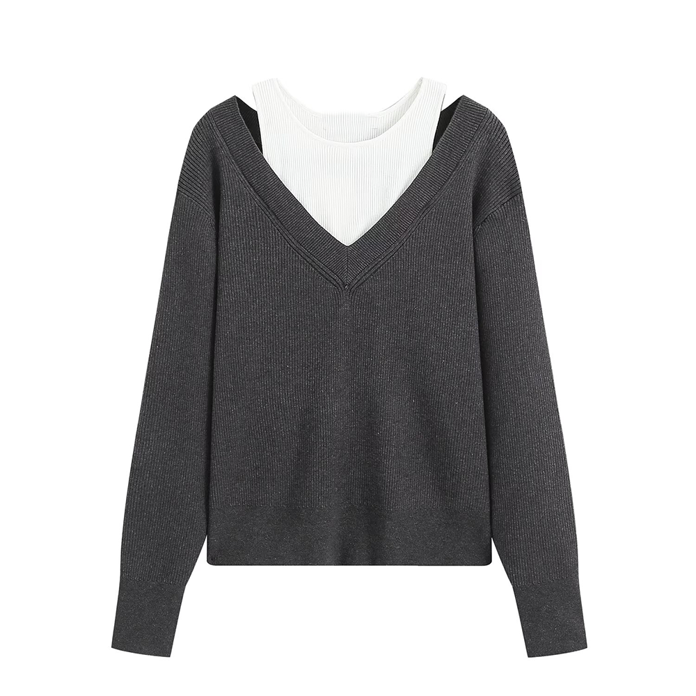 Women's fake two-piece round neck knitted sweater