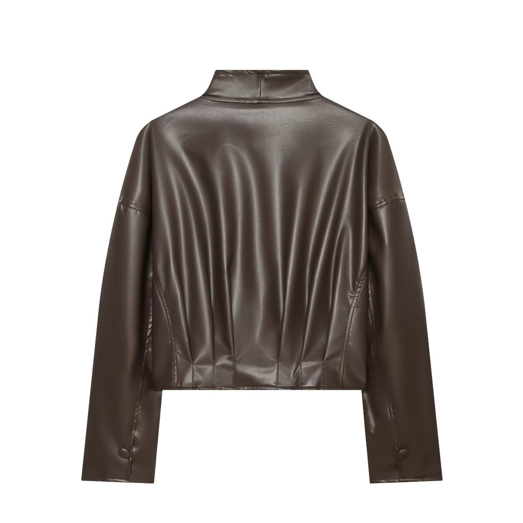 Women's back pleated leather effect jacket Coat