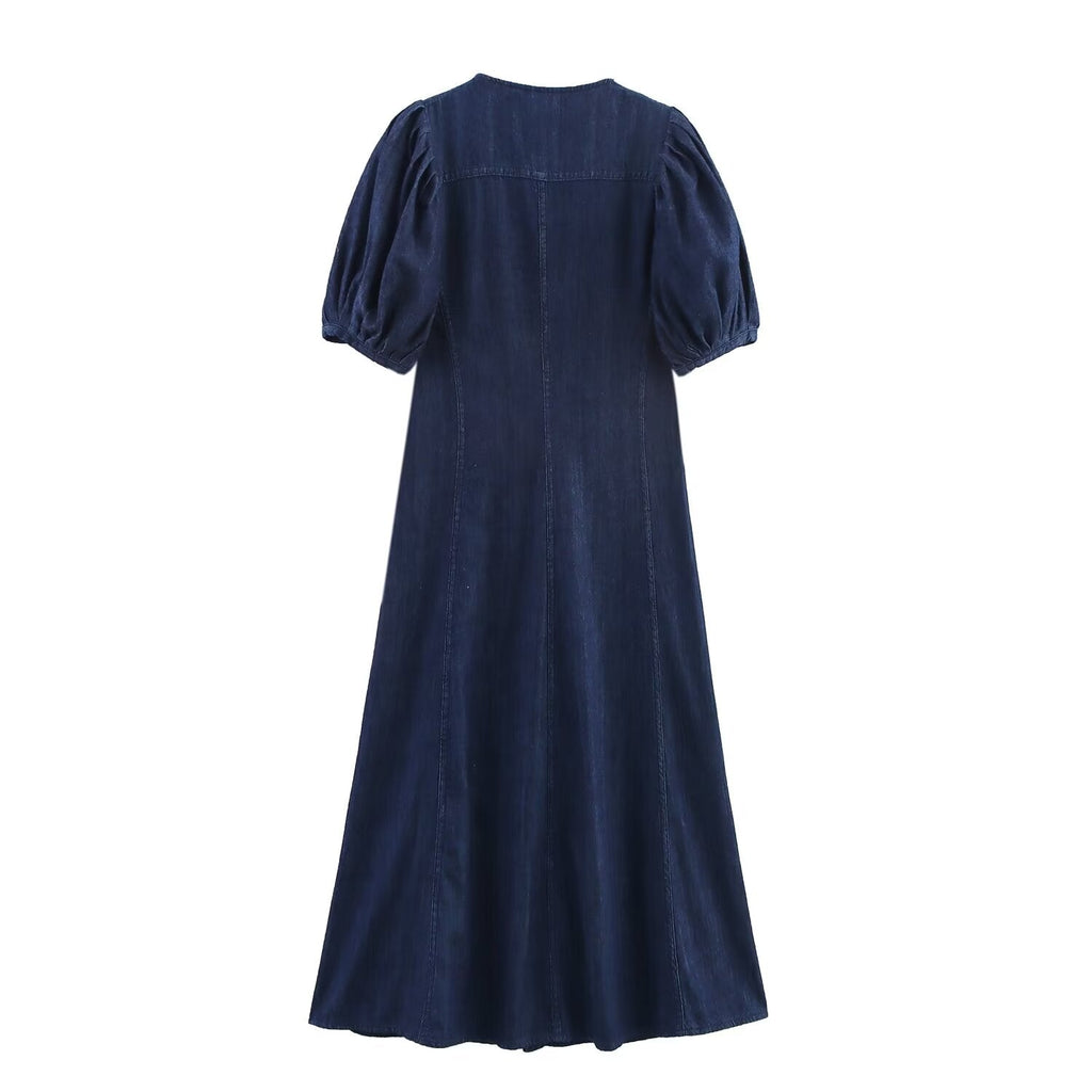 Women's new chic fashion bubble short sleeved denim MIDI dress