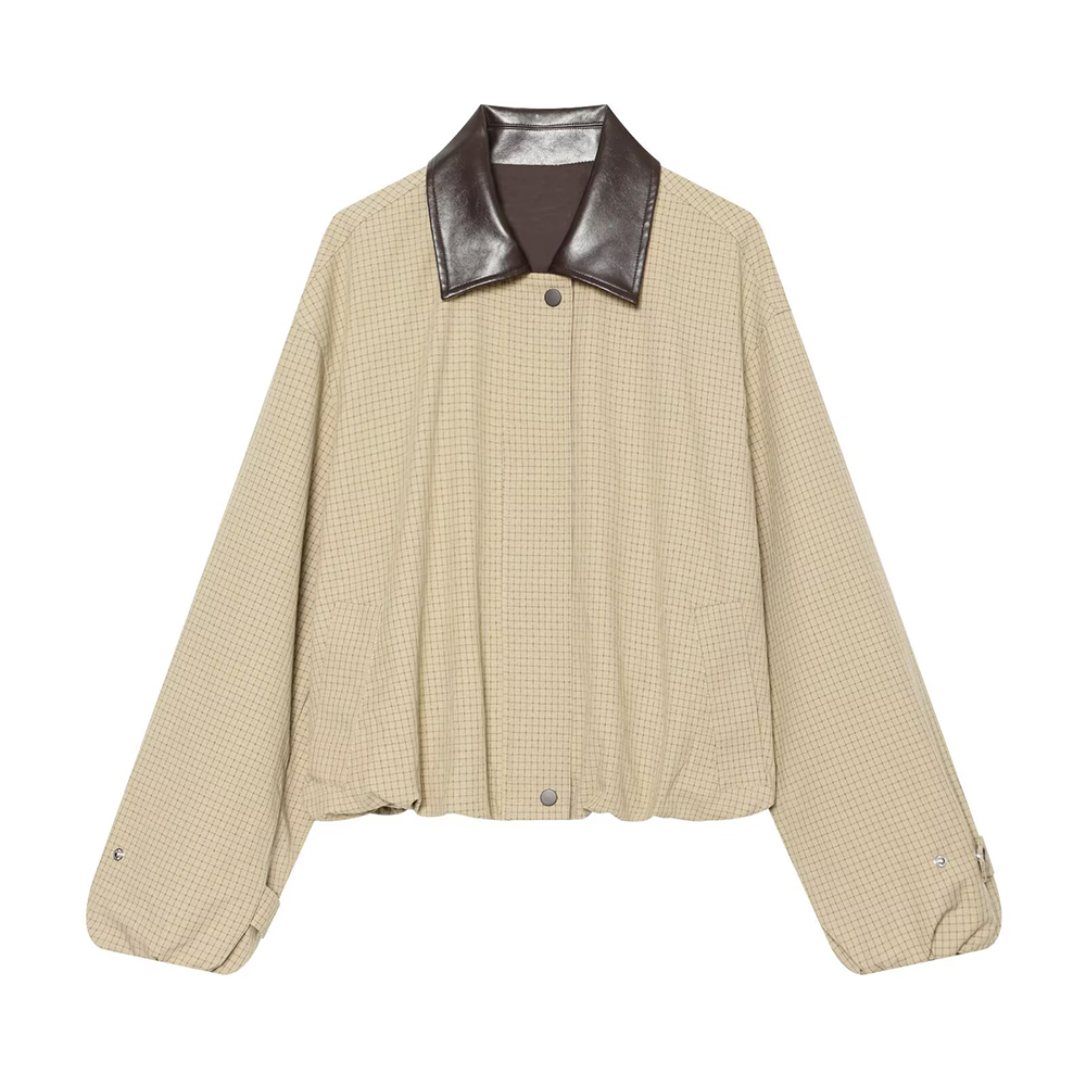 Women's casual plaid contrasting lapel Coat