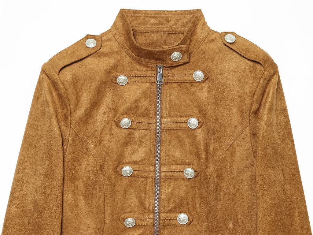 Women's double breasted waist cinched suede jacket