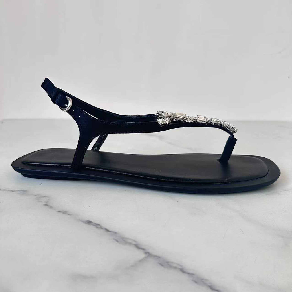 Women's New Fashion Joker Black Jewelry Decorative Pinch Casual Beach Flat Sandals