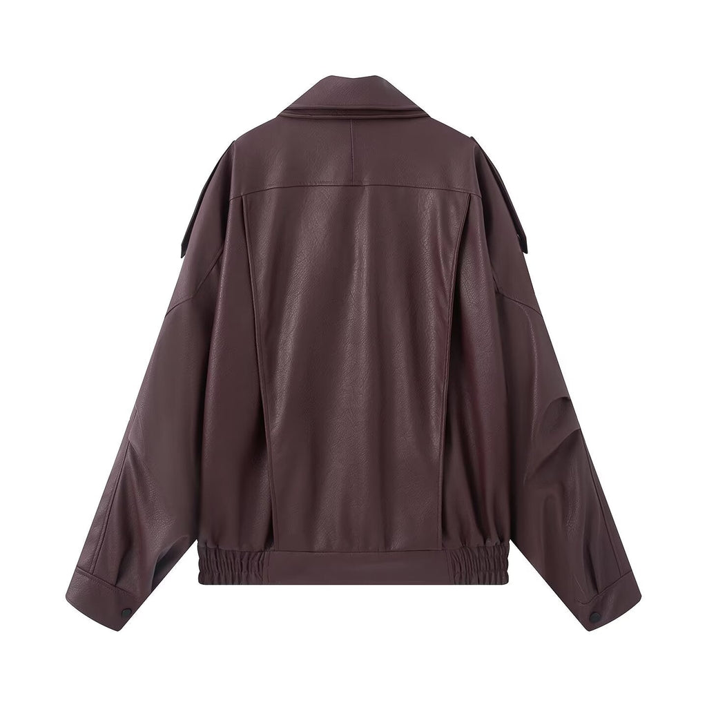 Women's with Belt loose zipper imitation leather jacket Coat
