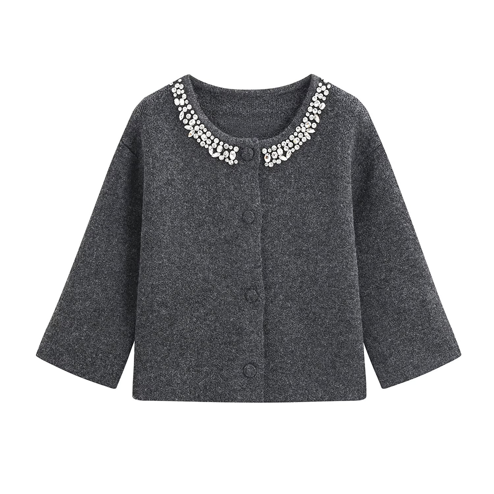Women's bead decoration round neck knitted Coat