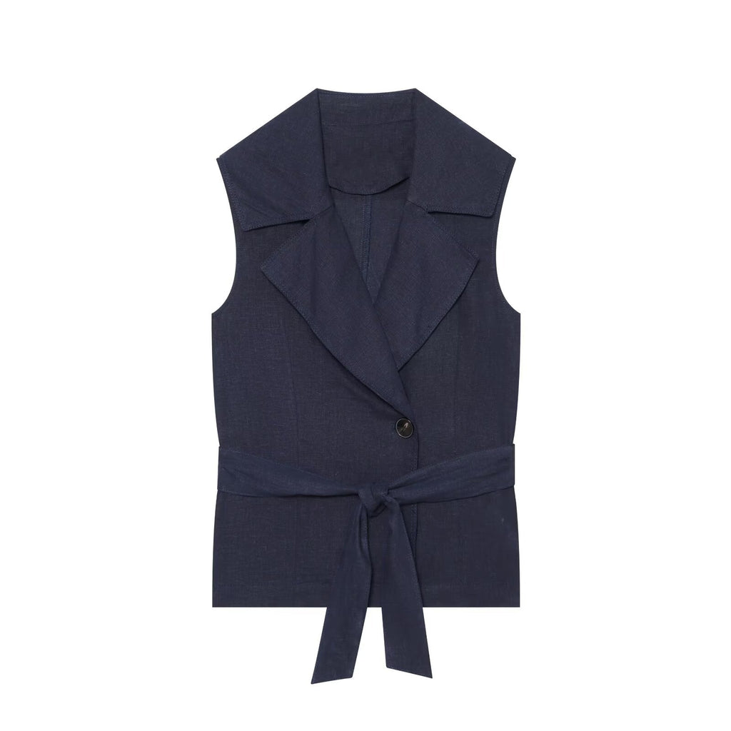 suit Women's 2 pieces with Belt linen blend vest+Long style casual shorts