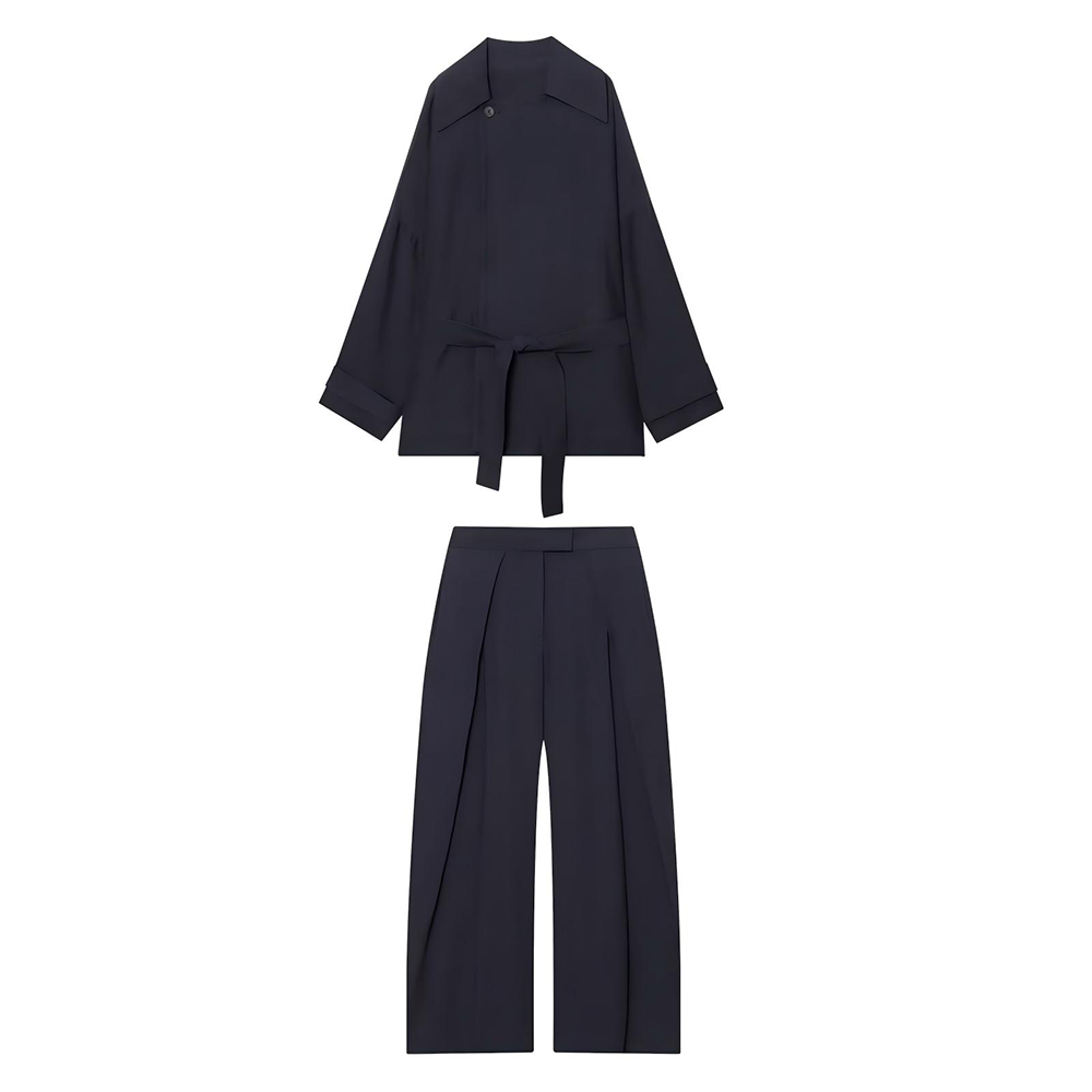 Women's New Fashion With Belt Loose Button-up Lapel Coat+Pants Suit