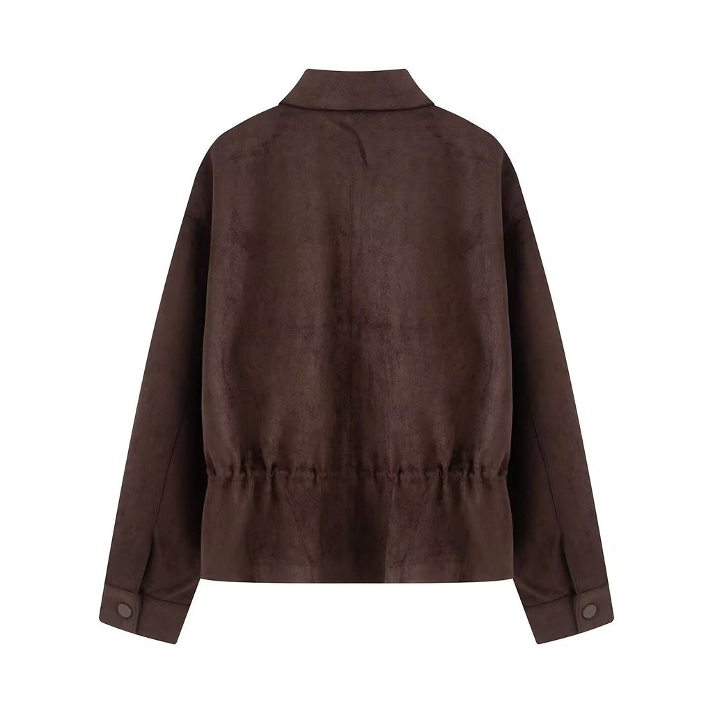 Women's suede textured waist cinched retro jacket