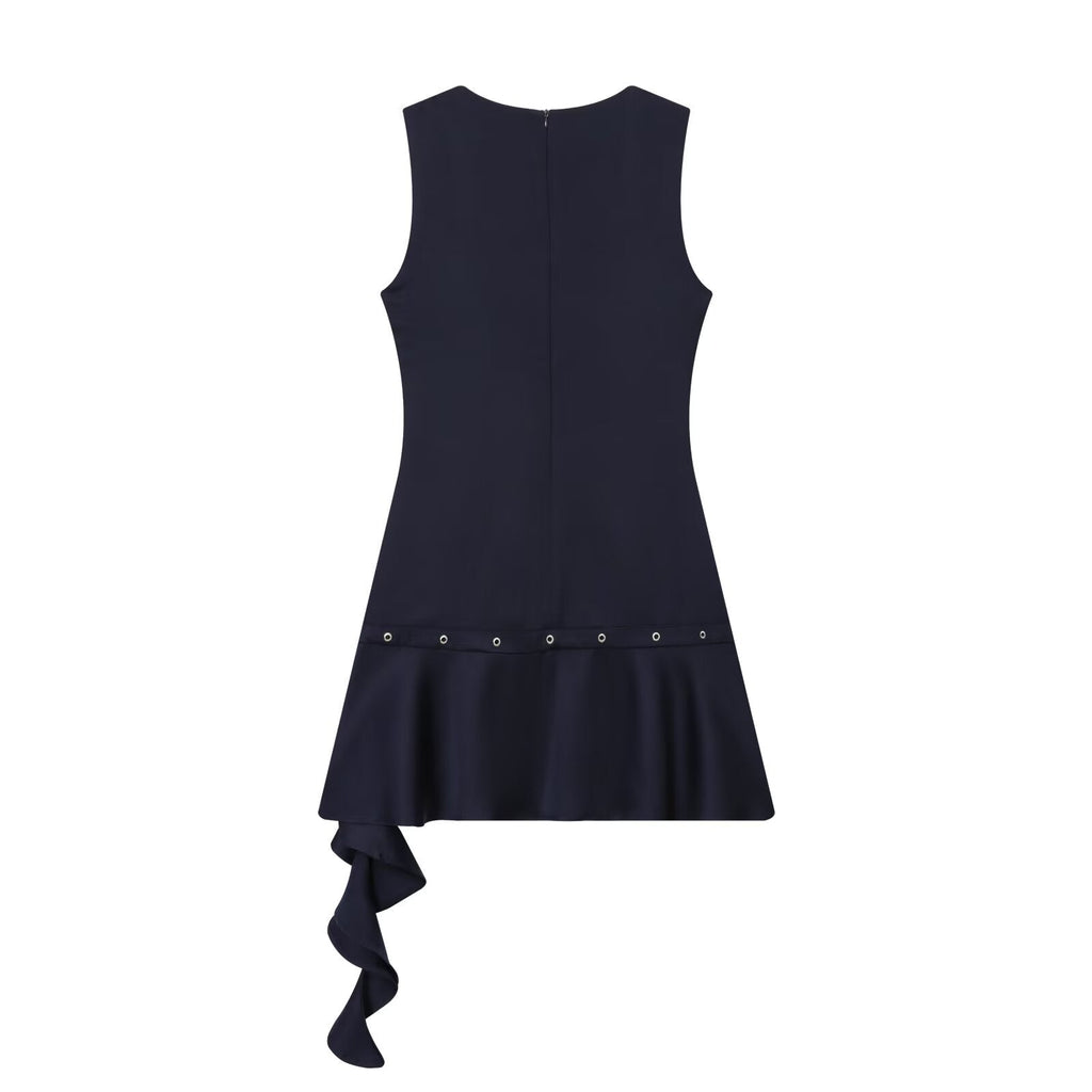 Women's new fashion rivet decoration asymmetric mini dress