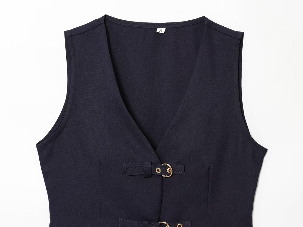suit Women's 2 pieces buckle decoration vest style crepe top+Pants