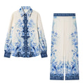 suit Women's 2 pieces loose printed Lapel shirt+Pants