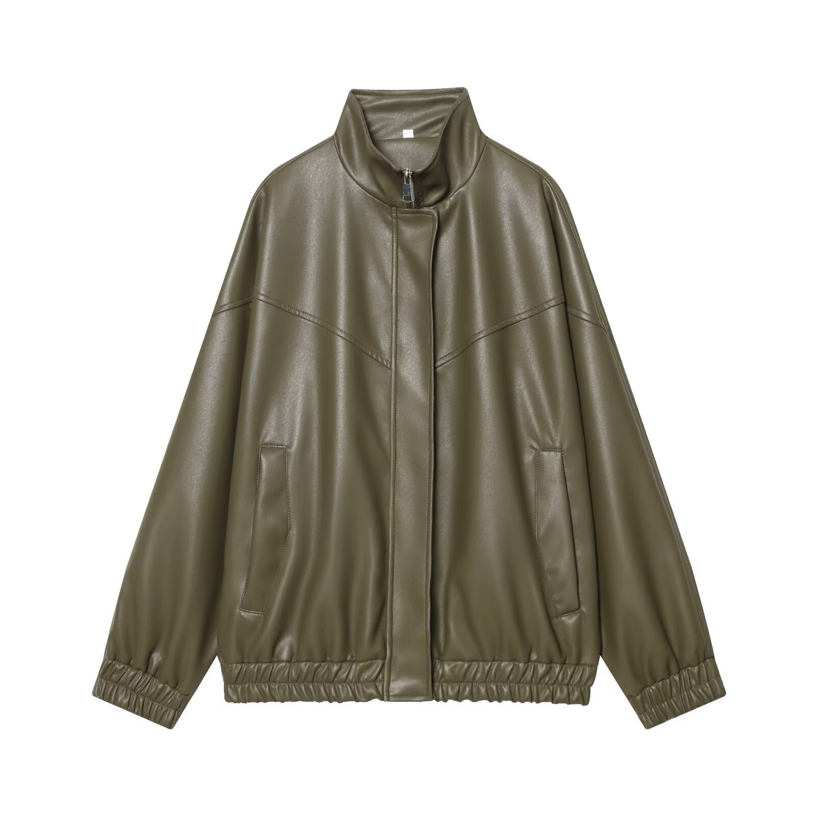 Women's standing collar faux leather pilot jacket Coat