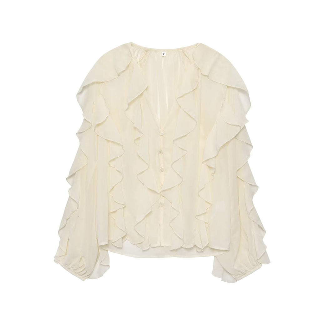 2025 Women's new fashion ruffled V-neck long sleeved shirt