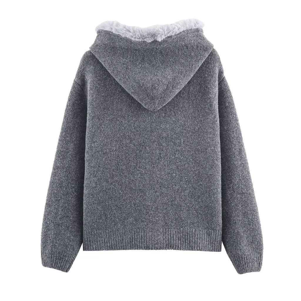 Women's plush hooded woven rope tassel knitted cardigan