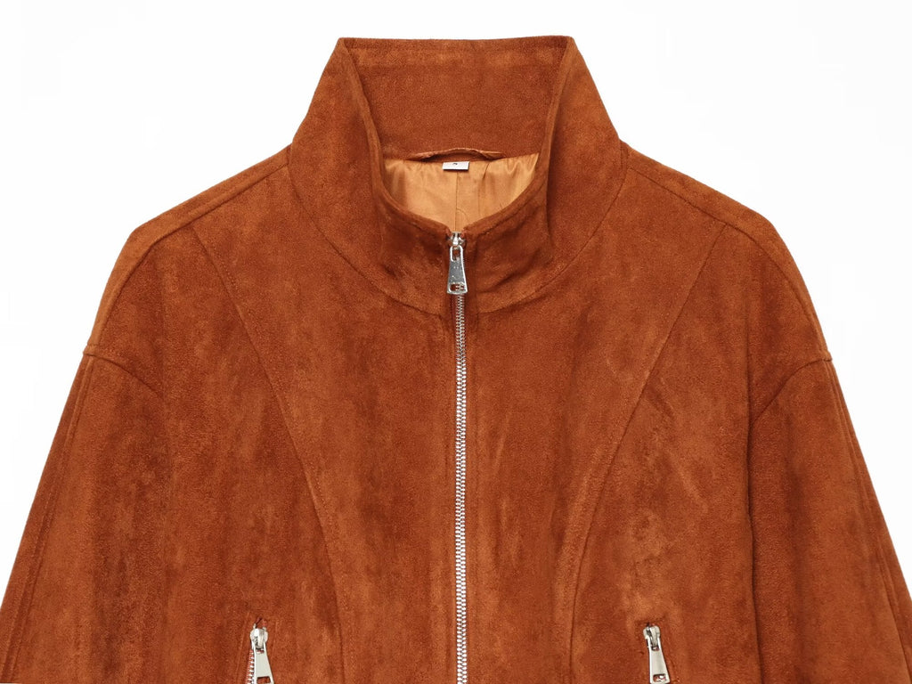 Women's faux leather stand collar jacket Coat