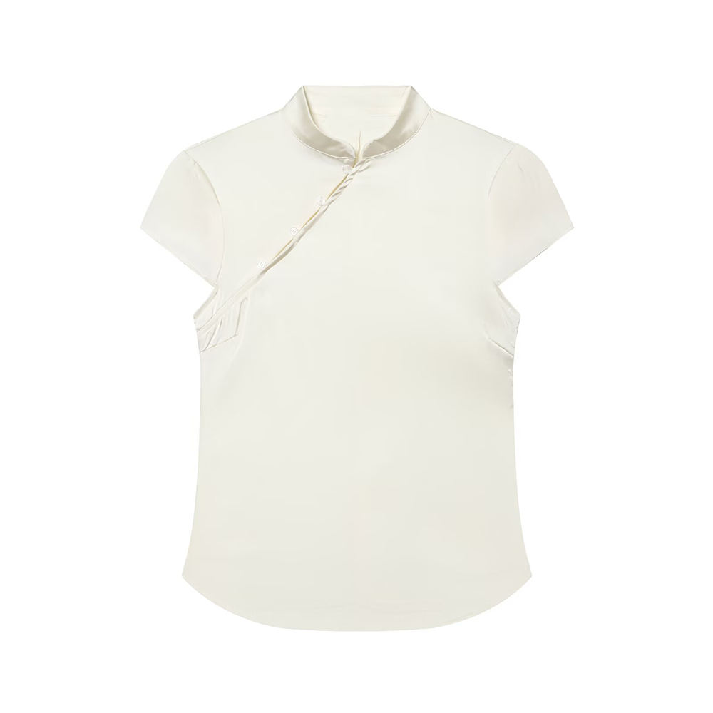 Women's satin textured short button top