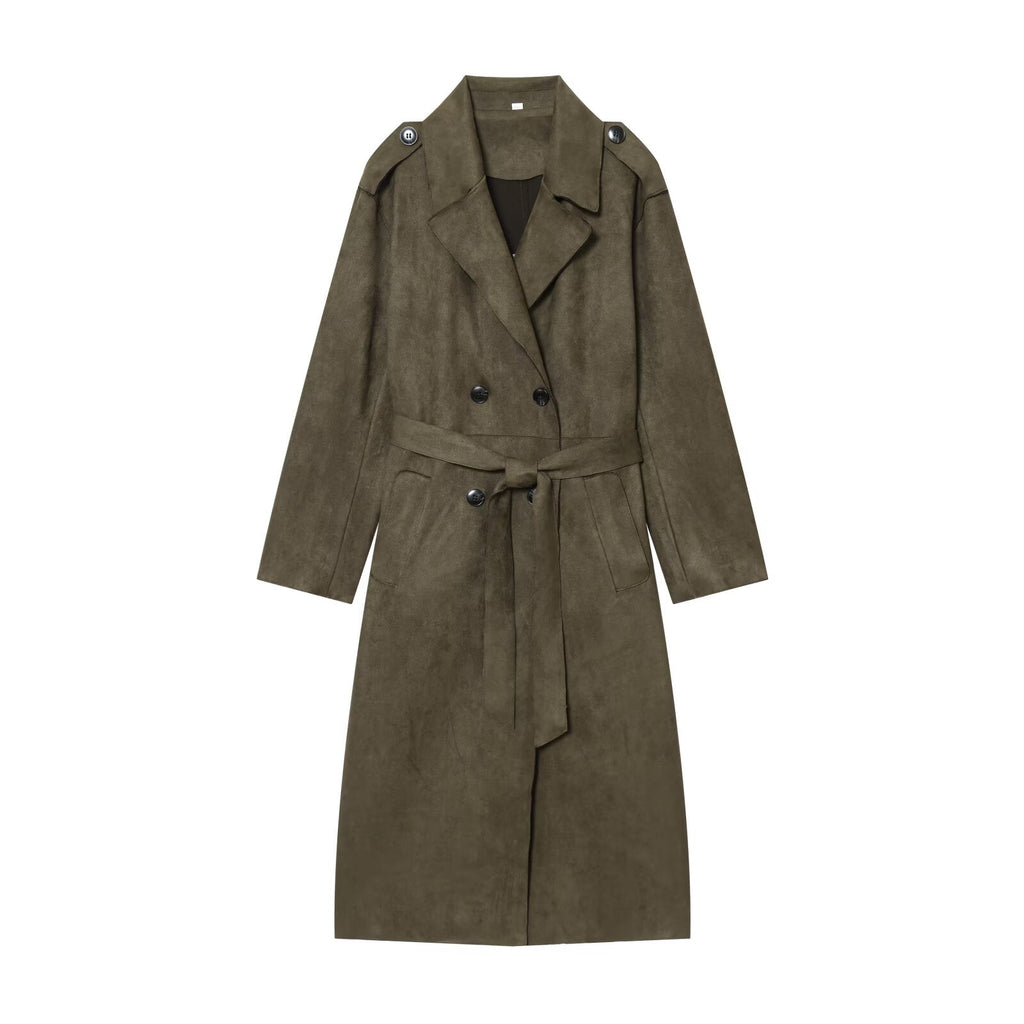 Women's new fashion with Belt long style suede effect windbreaker Coat