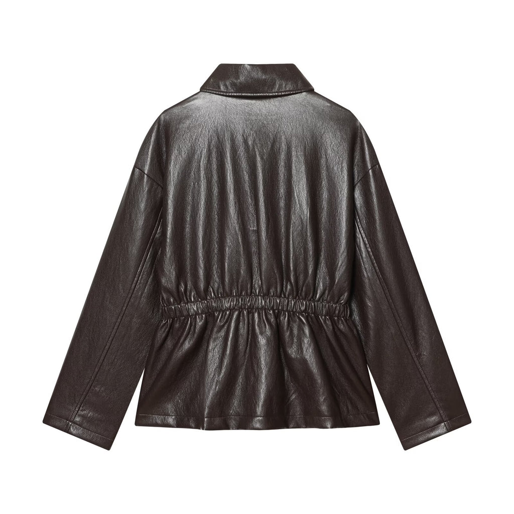 Women's elastic waist imitation leather jacket Coat