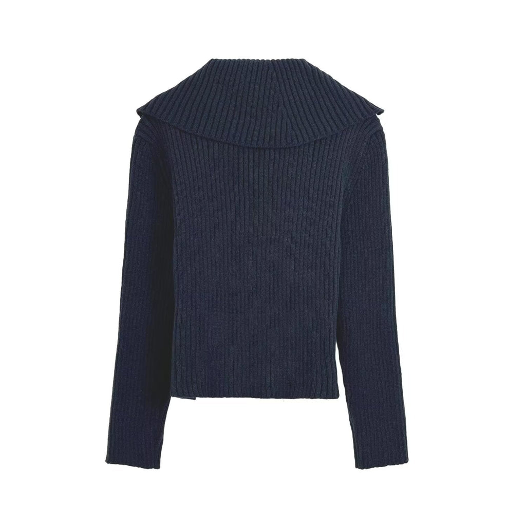 Women's new fashion double zipper lapel ribbed knitted Coat