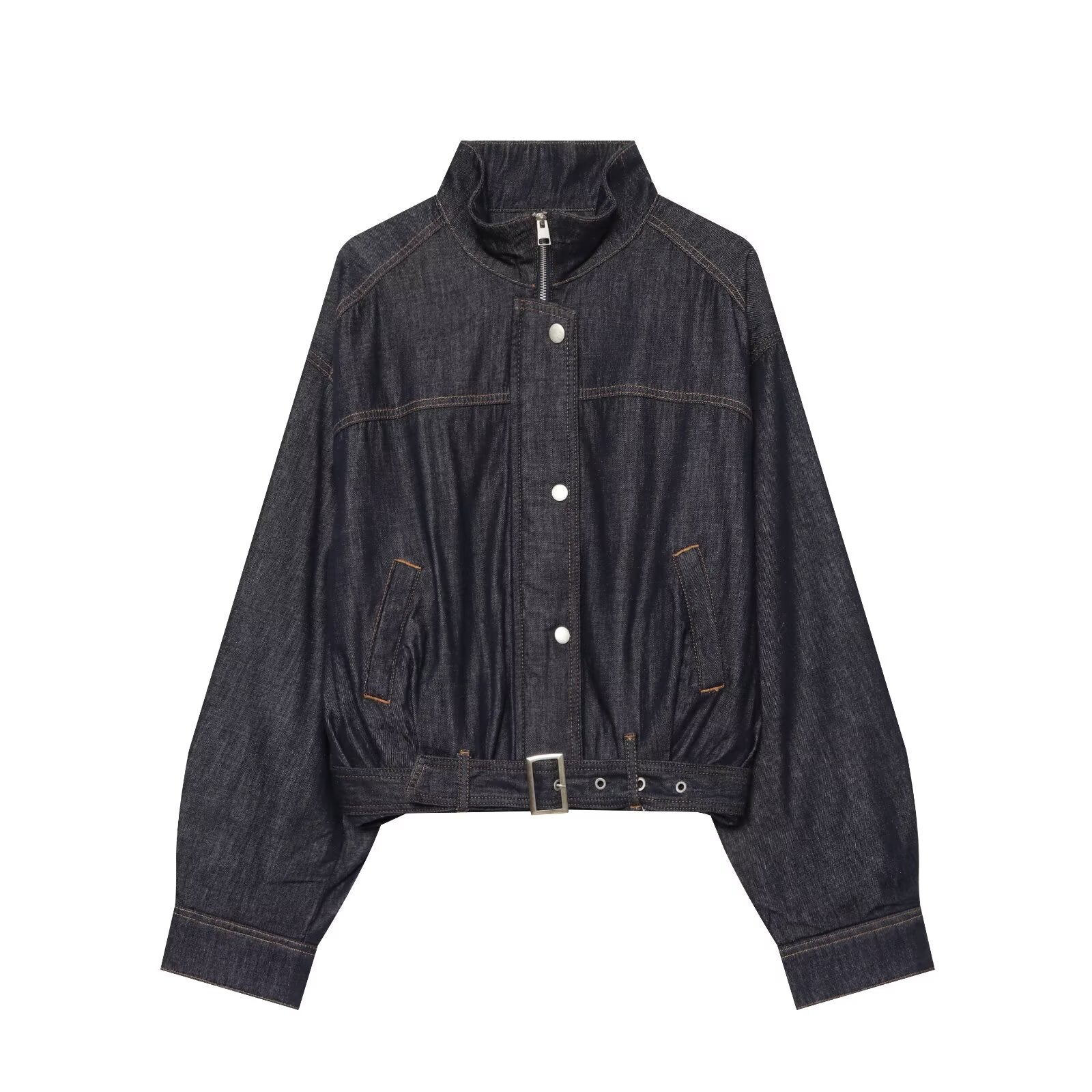 Women's waist belt decoration stand collar denim Coat