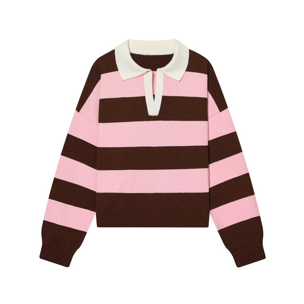 Women's casual striped knitted polo shirt