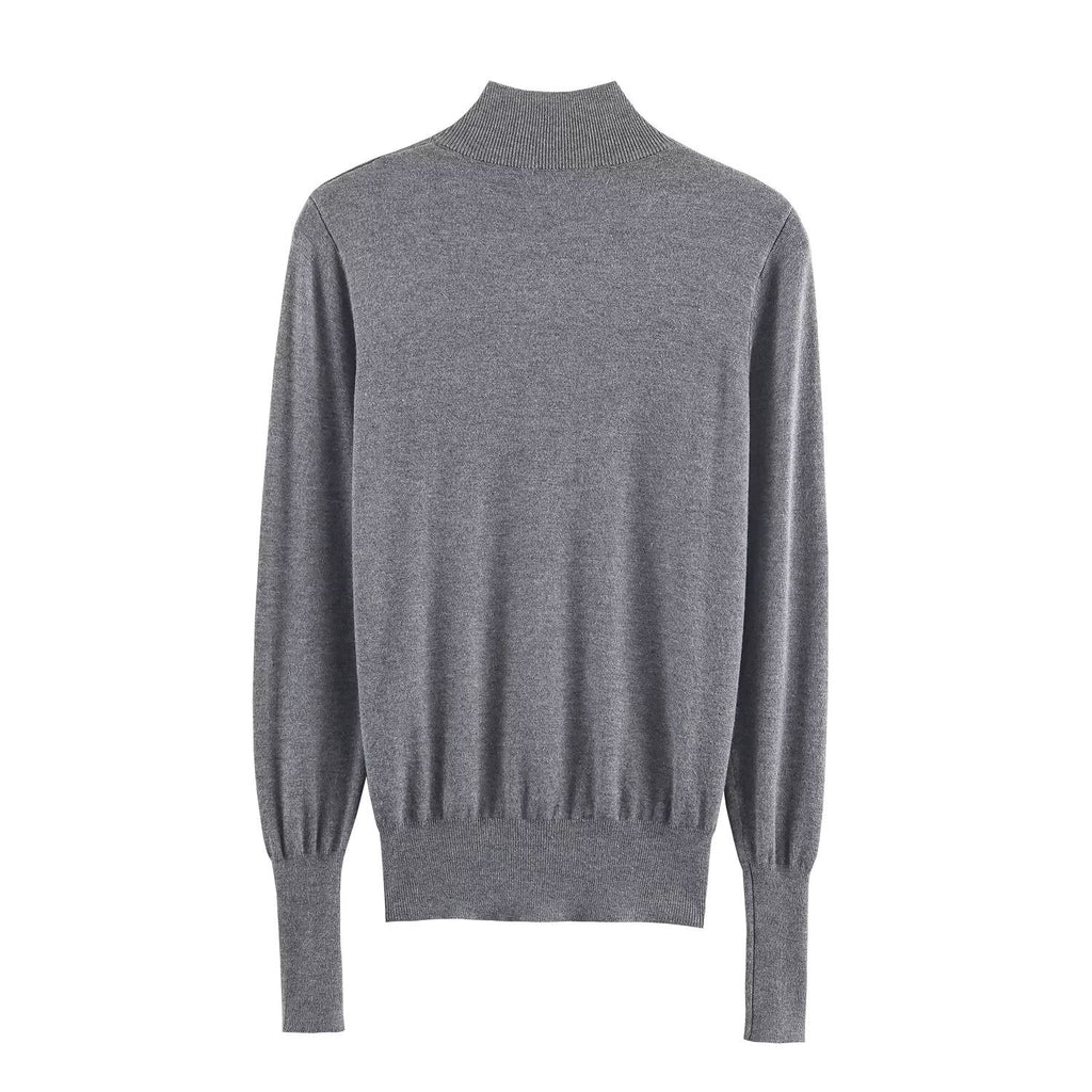 Women's buckle decoration slim stand collar knitted sweater