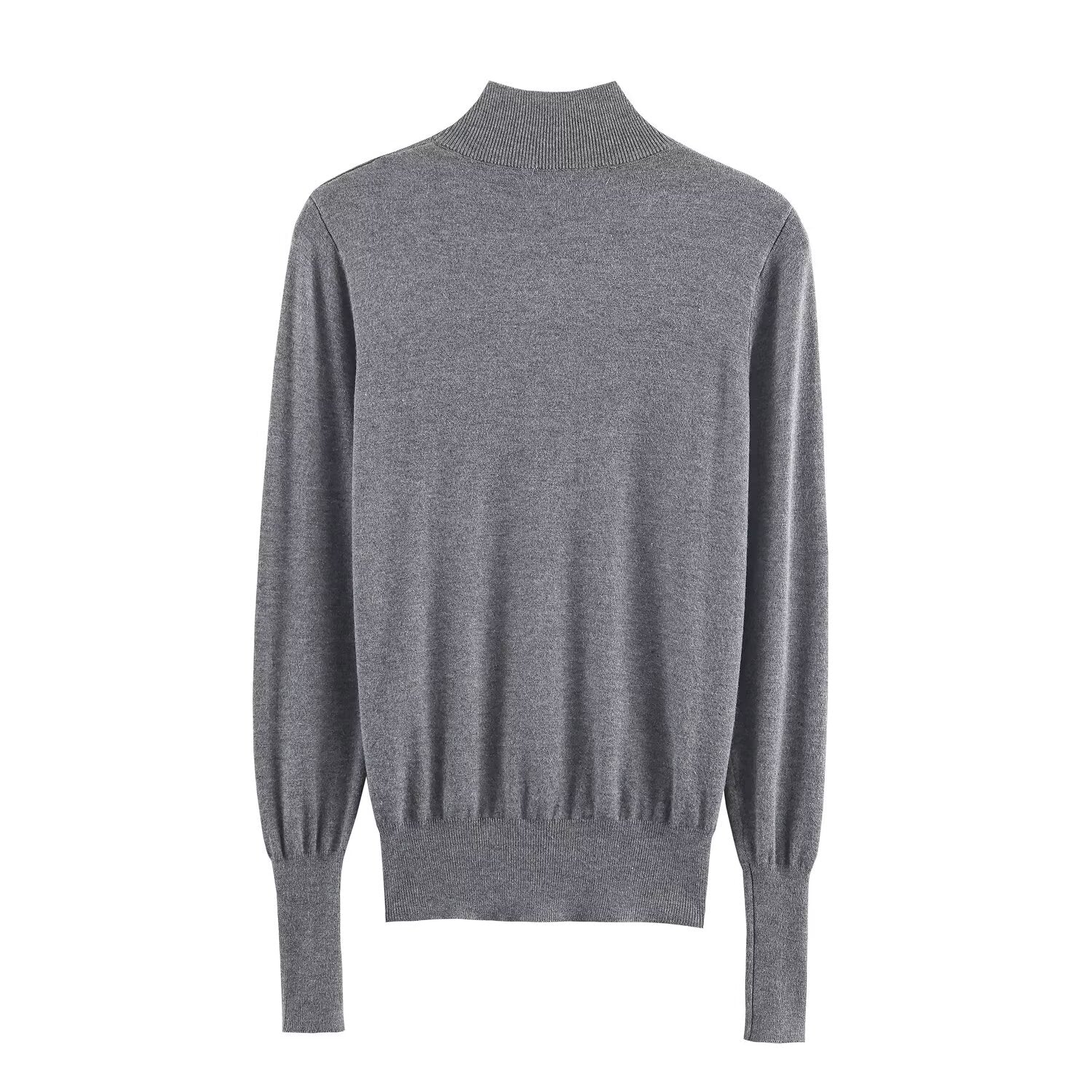 Women's buckle decoration slim stand collar knitted sweater